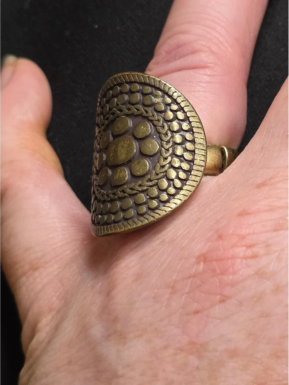 Vintage 1980's Brass Tone Textured Oval Shield Ring Adjustable